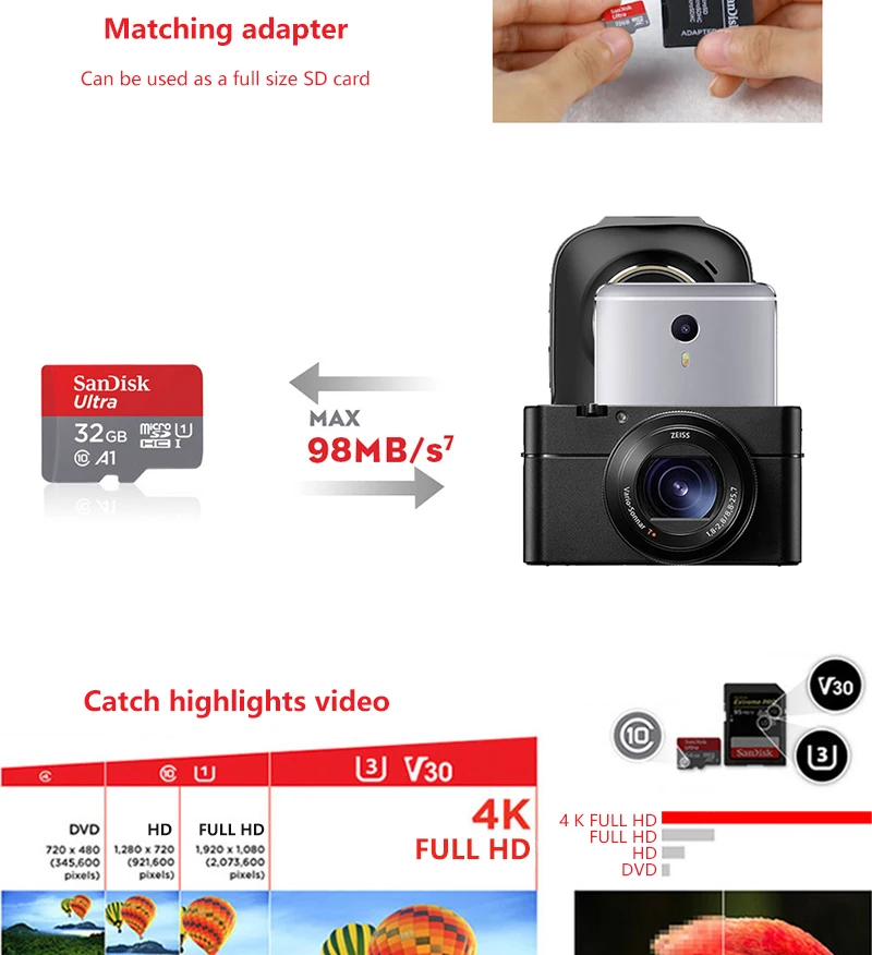 Sandisk микро SD карты A1 карты памяти ультра C10 100 МБ/с. 16 Гб оперативной памяти, 32 Гб встроенной памяти, 64 ГБ 128 UHS-1 TF карты флэш накопитель usb для смартфонов