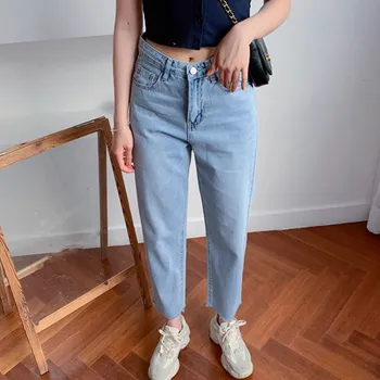 

New Arrival Fashion 2019 Women Casual Zipper Button Straight Pants Solid High Waist Trousers Ankle Length Pockets Denim Pants