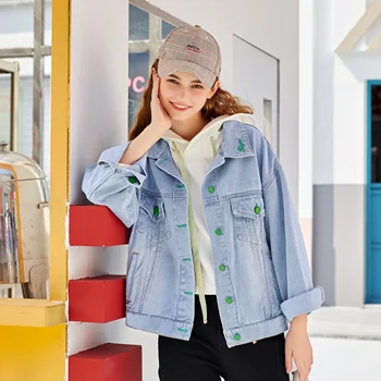 

Solid Harajuku Turn-down Collar Jean Jacket for Women Loose Casual Blue Fashionable Women Coats Female outwear Denim Feminine