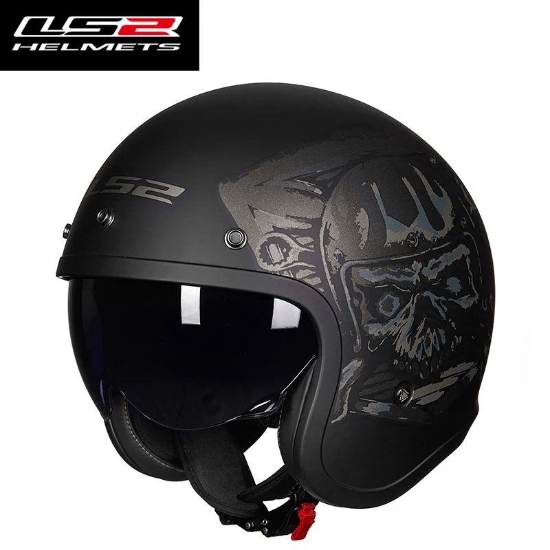 LS2 OF599 мотоциклетный шлем с открытым лицом с откидным козырьком и моющейся внутренней накладкой винтажный Ретро шлем Casco moto LS2 ECE - Цвет: Matte Black skull