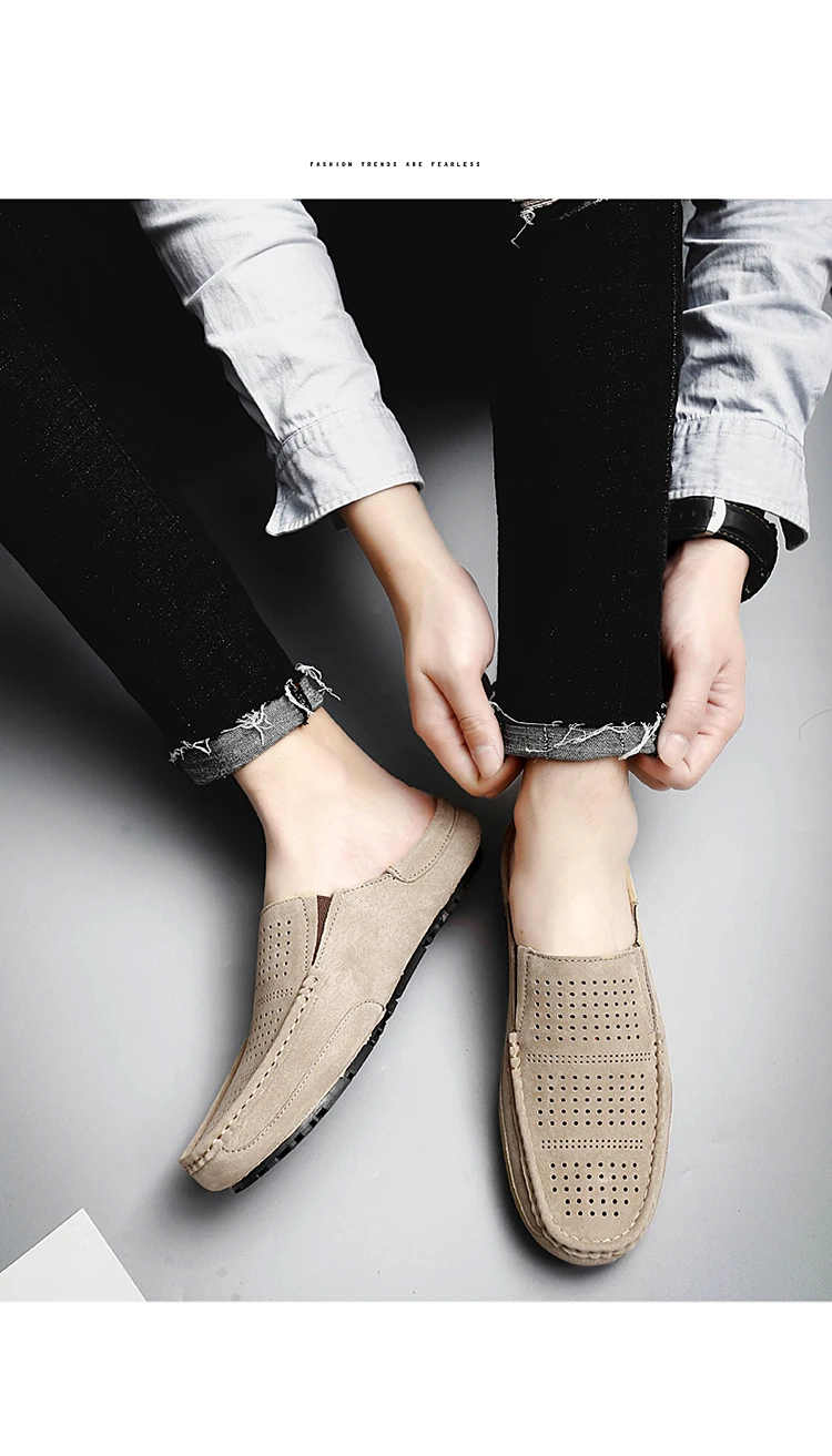 Man Summer Fashion Pig Skin Casual Half Shoe Male Breathable Soft Backless Half Loafers Hombre Open Back Leather Comfy Mocassins