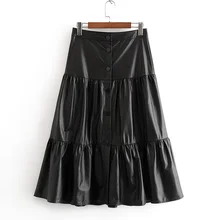 Fandy lokar плиссированные юбки из искусственной кожи, женская модная однотонная черная юбка на пуговицах, женские элегантные юбки до середины икры, женские юбки, LF