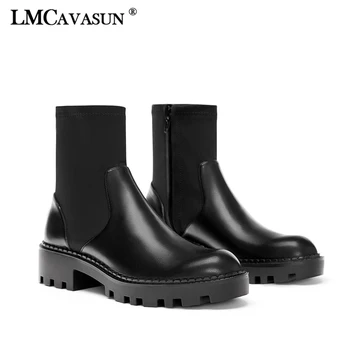 

LMCAVASUN PU Stretch Fabric Sock Boots Women Patchwork Black Ankle Boots for Women Thick Heel Platform Boots Women