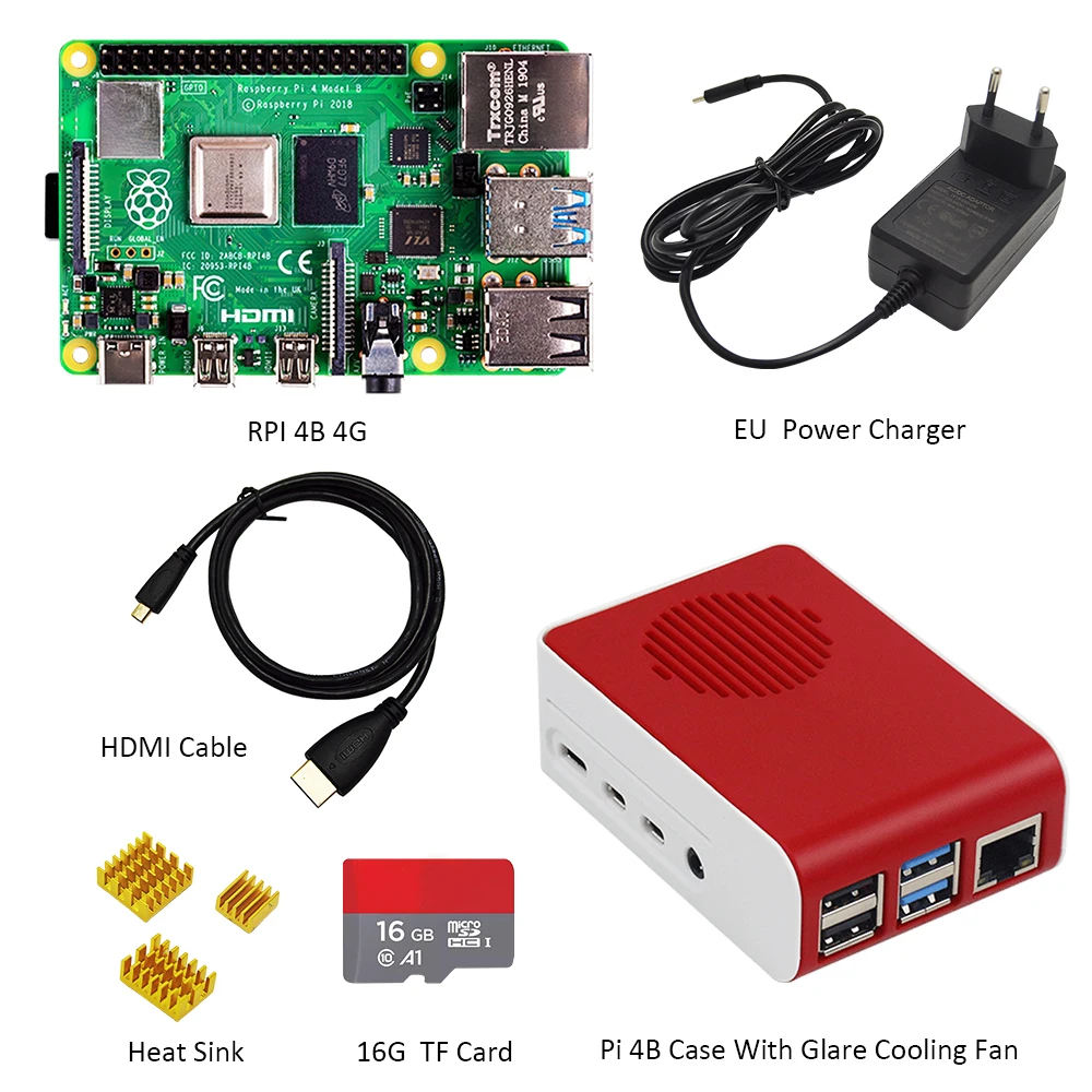 Raspberry Pi 4 Модель B комплект-4 GB+ Pi 4 чехол с вентилятором+ EU/US/UK type-C 5 V/3A зарядное устройство+ HDMI кабель+ 16G sd-карта+ радиатор