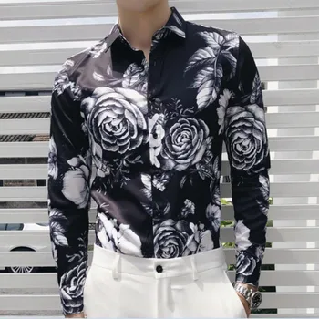 

Flower-printed Long-sleeved Men's Shirts Are Hot Sellers of Male Street-style Printed Shirts New Men's Slimming Shirts