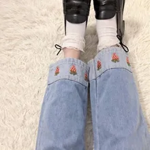 

Jeans Women Strawberry Embroidery Kawaii Pockets Ankle-length Elastic Waist Girls Denim Simple All-match Korean Style Student