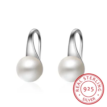 

Pure 925 Sterling Silver Earrings Drop Women Round Natural Freshwater Pearl Hook Dangle Earring Ear Drops Brincos de Prata