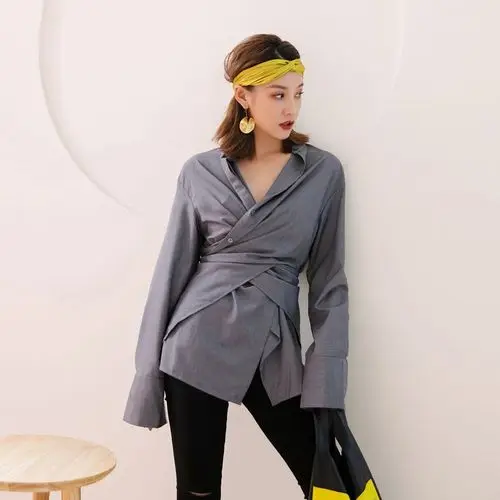 grey SuperAen Новая мода Женская рубашка Дикий хлопок осень Европа блузки и топы женские Солнцезащитная женская одежда - Цвет: grey