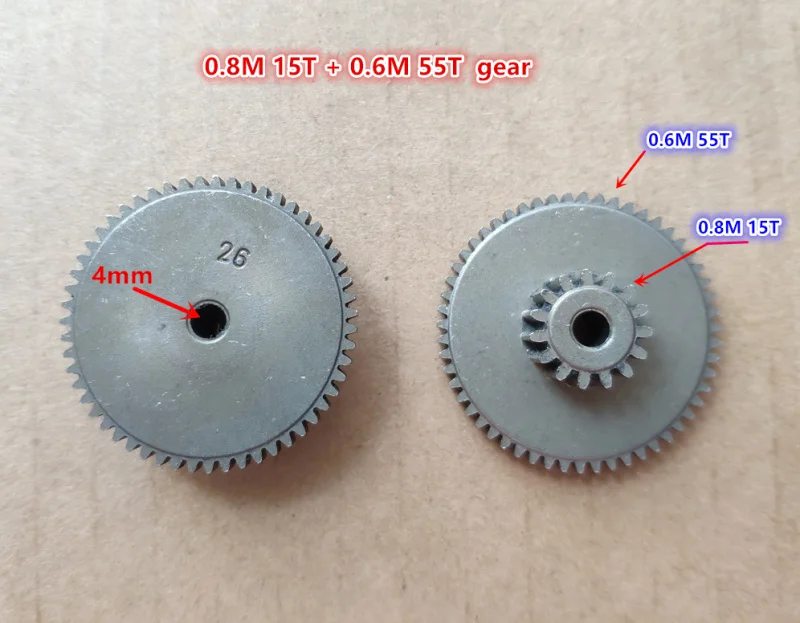 Steel gear 0.8M 15T + 0.6M 55T duplex gear outside diameter 13.6mm 34.2mm metal gear transmission gear