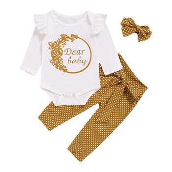 

Baby Girl Romper Set Infant Girls Long Sleeve Ruffle White Letter Print Jumpsuits Bowknot Headband Polka Dot Pants 3pcs/set Hot