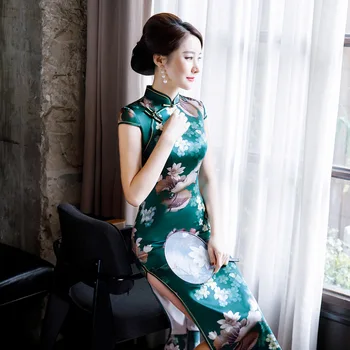 

2020 New Improved Silk Long Cheongsam Daily Temperament Slim Silk Short Sleeve Cheongsam Dress Evening Dress