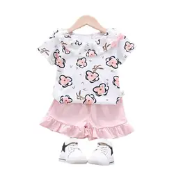 Novo verão roupas da moda do bebê crianças meninas rendas t camisa shorts 2 pçs/sets infantil bonito roupas da criança de algodão fatos de treino