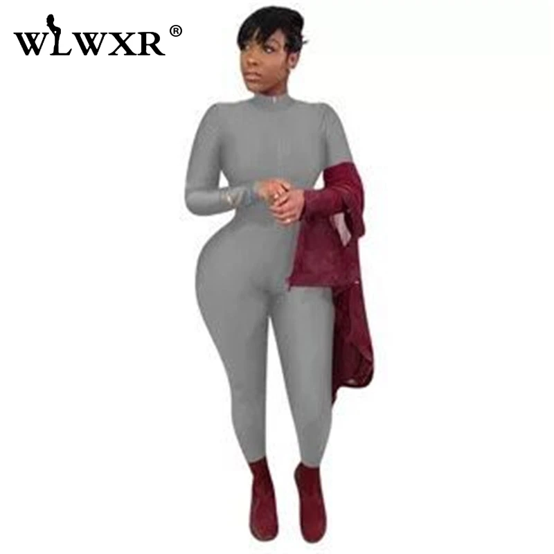 WLWXR, уличная одежда, сексуальный облегающий женский комбинезон,, комбинезон с длинным рукавом, на молнии, v-образный вырез, обтягивающие летние комбинезоны, женский комбинезон - Цвет: Серый