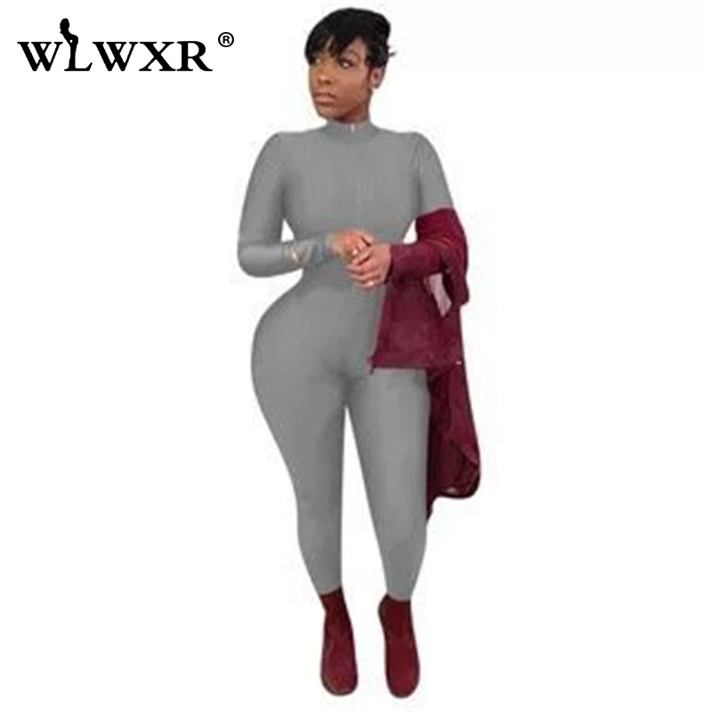 Серый WLWXR, уличная одежда, сексуальный облегающий женский комбинезон,, комбинезон с длинным рукавом, на молнии, v-образный вырез, обтягивающие летние комбинезоны, женский комбинезон - Цвет: Серый