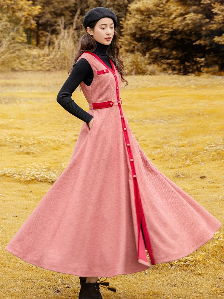 Boshow новые осенние и зимние женские шерстяные однобортные платья без рукавов красные платья с большим подолом для женщин