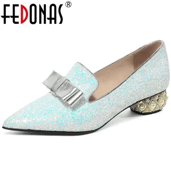

FEDONAS Sweet Women Pumps Pearl Decoration Glitters Strange Heeled Pumps Spring Summer Woman Pointed Toe Basic Shoes Woman