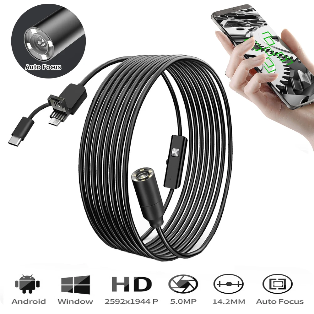 

Auto Focus Cars Endoscope HD 5MP Video Inspection Camera 14.2MM USB Sewerage Endoscopic Borescope for Tablet Android Smartphone