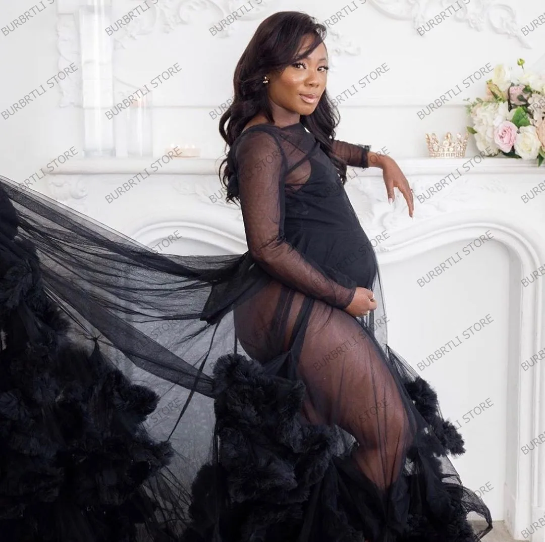 Tulle Maternity Dresses for Photoshoot Off Shoulder Bridal Robe Long Puffy  Sleeve Baby Shower Pregnancy Gowns Black at Amazon Women's Clothing store