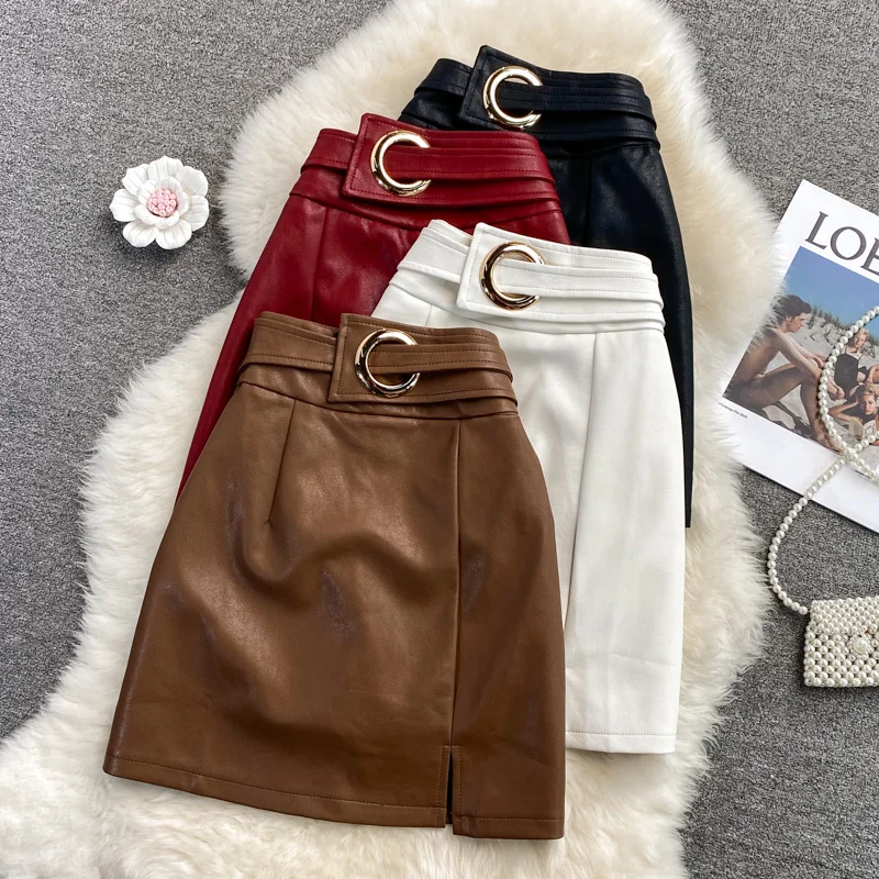 

Модная офисная короткая кожаная юбка для работы, сексуальная женская полуюбка, новая Асимметричная трапециевидная юбка из искусственной кожи с завышенной талией и запахом на бедрах