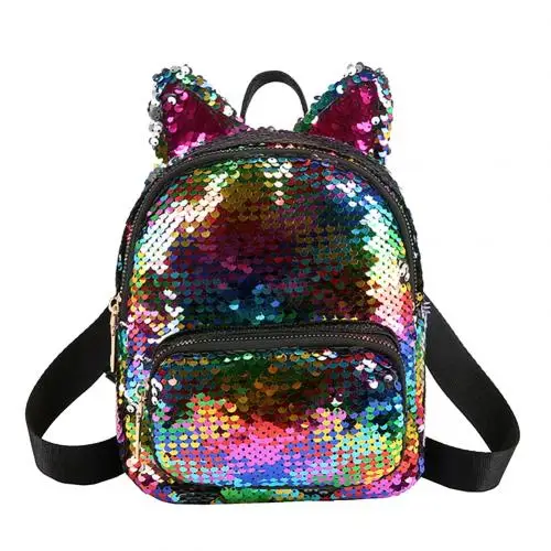 Блестящий рюкзак для девочек с блестками и ушками на молнии, мини-школьная сумка, дорожная сумка - Цвет: Colorful