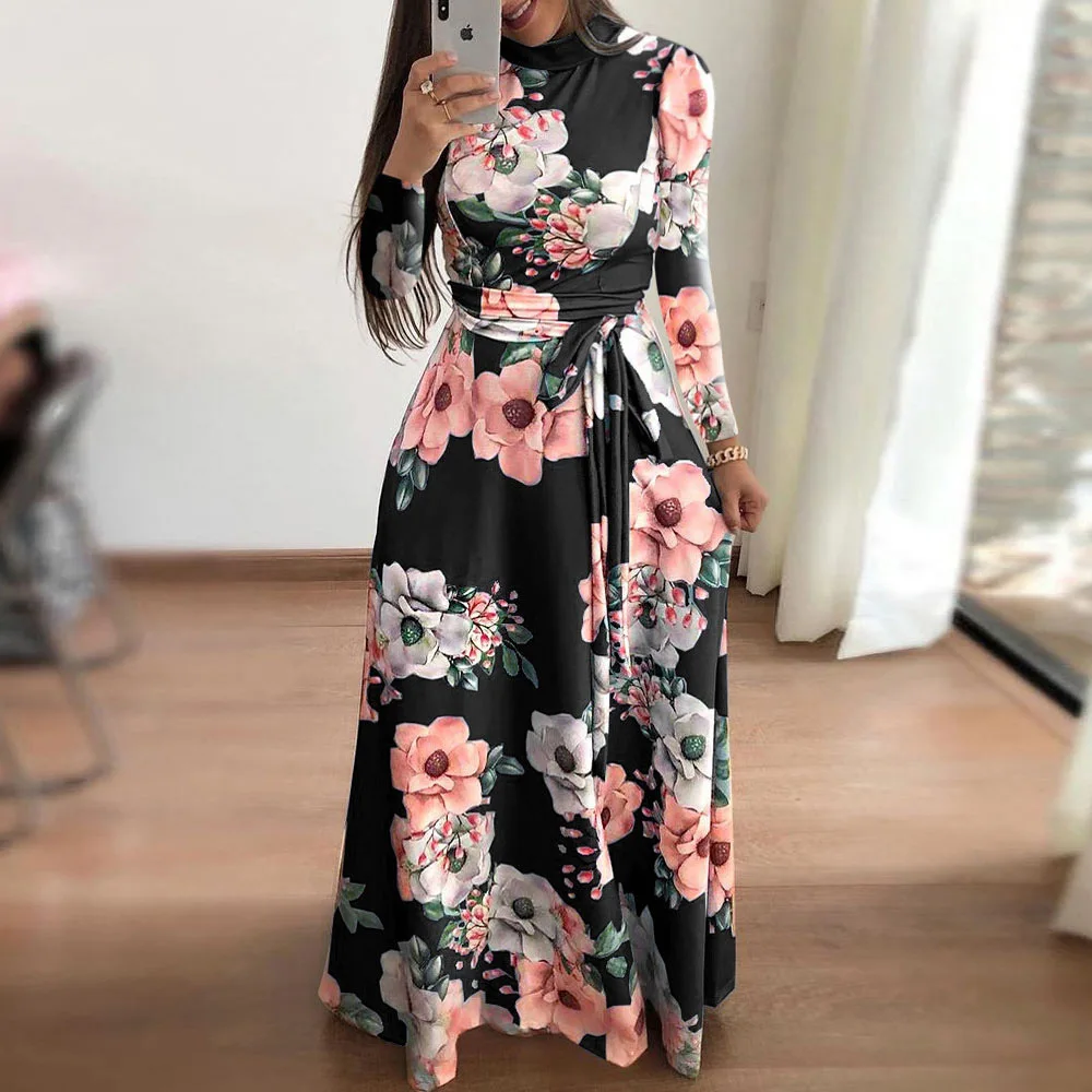 Women Summer Dress 2020 Casual Short Sleeve Long Dress Boho Floral Print Maxi Dress Turtleneck Bandage Elegant Dresses Vestido