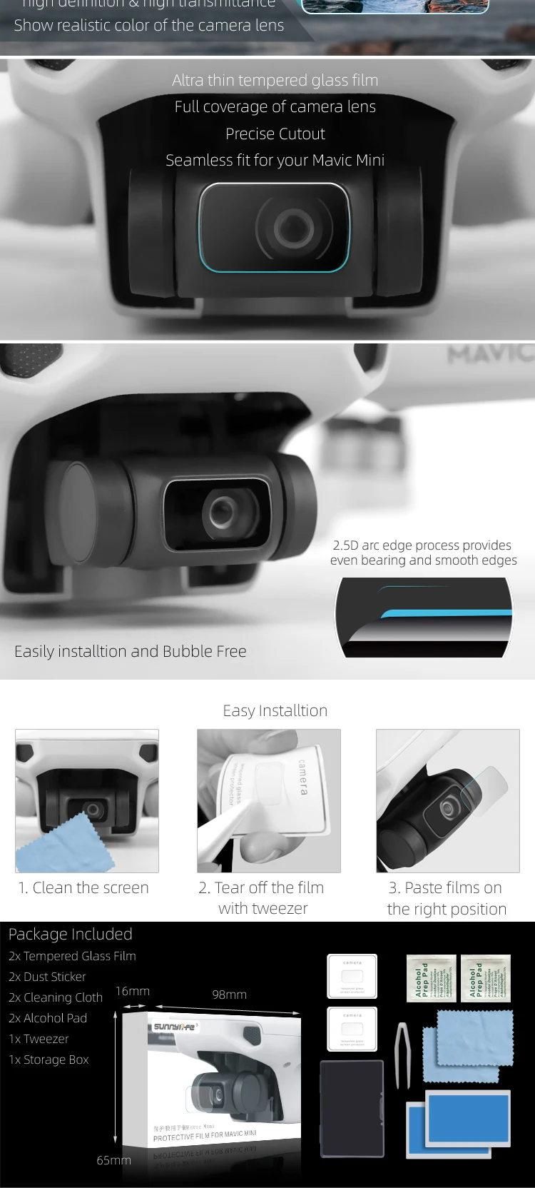 Sunnylife 2 комплект объектив камеры защитная пленка HD Закаленное стекло пленка протектор объектива для Mavic Mini