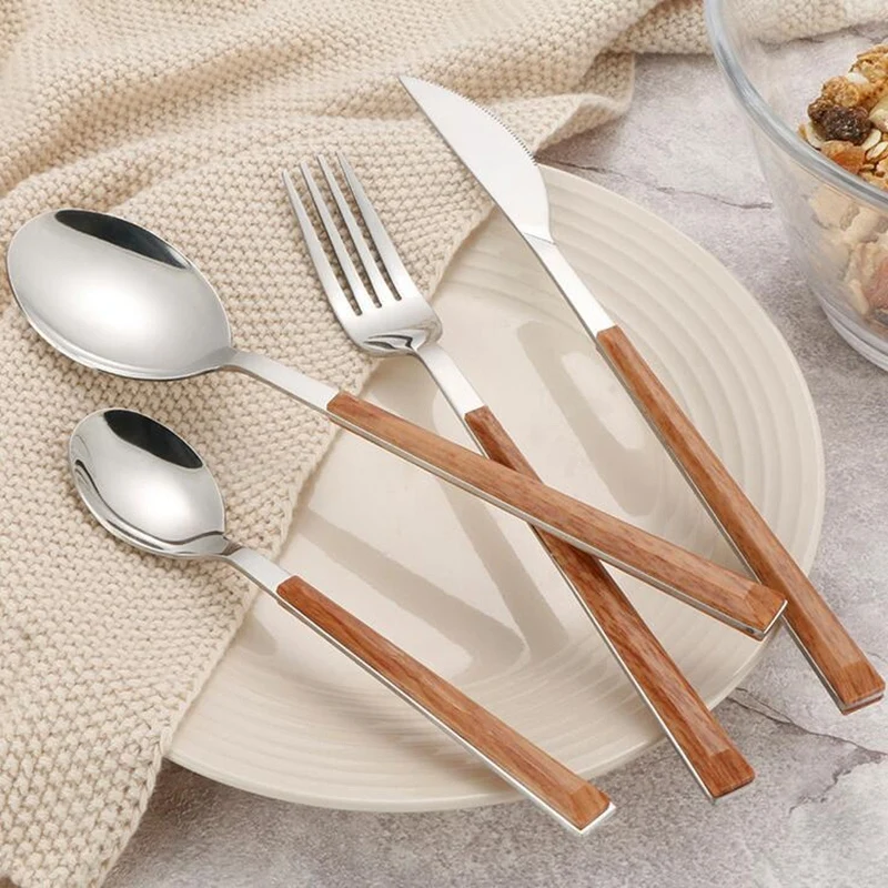 24Pcs 304 Stainless Steel Tableware Set Glossy Wood Silver Dinnerware Sets Western Food Knife fork Teaspoon Cutleries