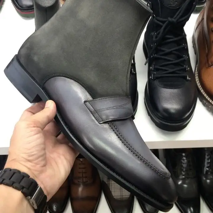 

Men New Fashion Pu and Suede Leather Low Heel Round Toe Zipper Design Ankle Shoe Male Vintage Classic Casual Chelsea Boots 4M120