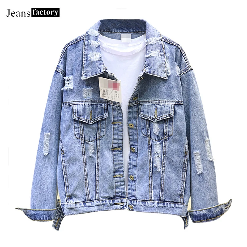 

Fashion Ripped Hole Jean Jacket Women Turn-down Collar Coat Loose Casual Jackets Basic Coat Female Long Sleeve Denim Jacket New