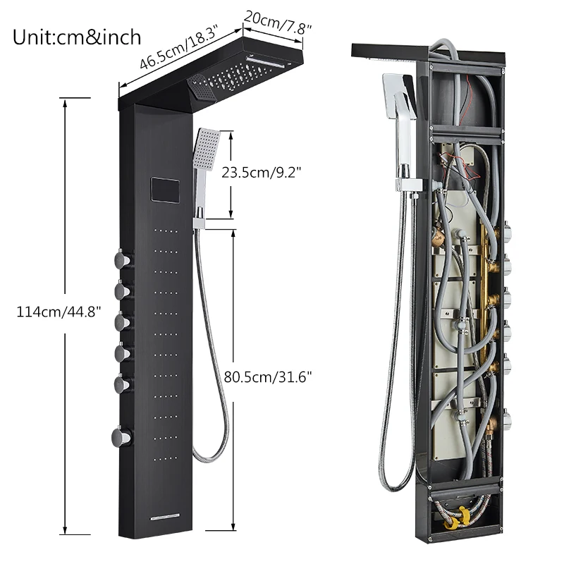 Shower Panel Bathroom Shower Faucet Set Bathroom LED Rain/Waterfall Head Shower Panel Digital Display Screen Massage Jets Waterfall Bath Tub Spout Shower Column
