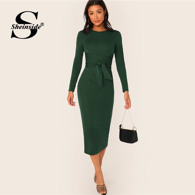 Sheinside элегантное зеленое платье-карандаш с поясом женское платье осень вырез на подоле облегающее женское платья сплошное миди платье