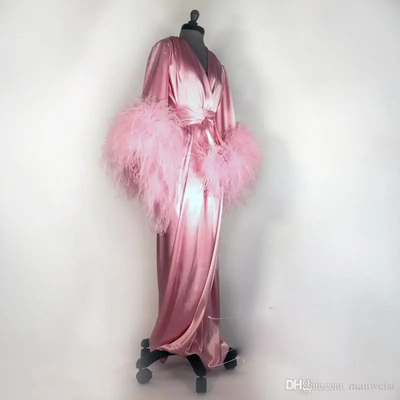 Robe de nuit à manches longues et col en V profond pour femmes, pyjama peignoir à volants, châle de Rhde demoiselle d'honneur, robe de plumes rose, vêtements de nuit sexy, 2020