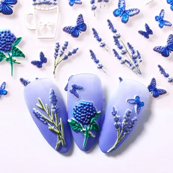 

1PC 5D Embossed Nail Sticker Blue Lavender Natural Beauty Sticker Floral Self-Adhesive Back Acrylic Nail Sticker Nail Art Wraps