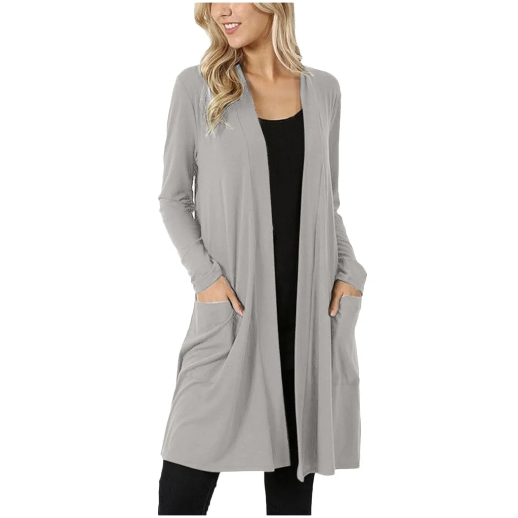 JAYCOSIN Cardigan Women Long Sleeve Coats New Female Elegant Pocket Outerwear long cashmere double pocket Front Cardigan Open 1