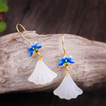 

directly provide national style earrings S925 pure silver jewelry burnt Blue Women's fan-shaped Hetian Jade Earrings
