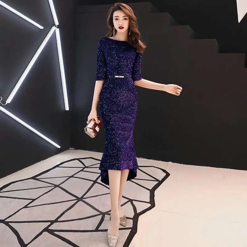 Новинка, платье Русалочки с коротким рукавом, современный Qipao, женские асимметричные платья, блестки, шикарный элегантный чонсам, сексуальный халат De Soiree - Цвет: Navy Blue