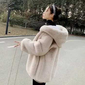 

Winter Thick Warm Faux Rabbit Fur Coat 2019 New Women Long Sleeve Hooded Fur Jacket Coats Thick Warm Fur Fashion Outwear