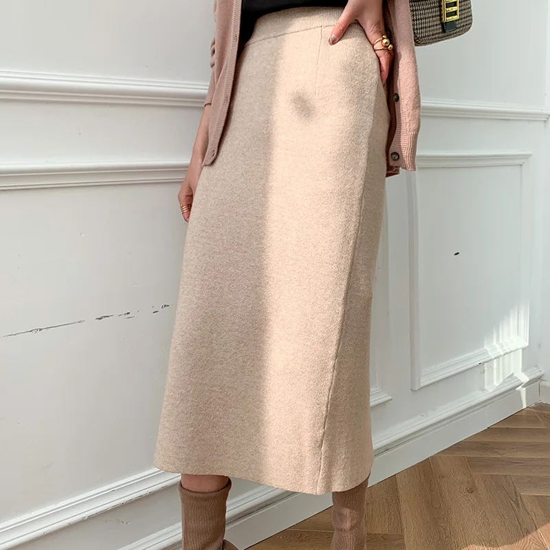 

2020 Spring And Autumn New Style Korean-style Loose-Fit Knitted Skirt Women's Solid Color Versatile Medium-length Dress A- line