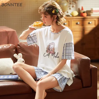 

Pajama Sets Women Leisure Kawaii Short Sleeve Cartoon Printed Elegant Thin Simple Sleepwear Homewear Womens Korean Style Ulzzang