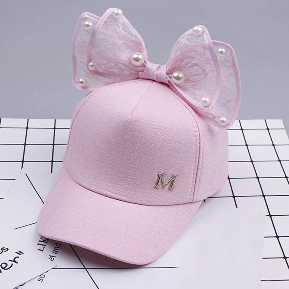 Girls baseball cap sun hat M letter Pearl pearl big bow Cute children cap Spring Summer Girls Hip Hop Caps Kids Sun Hat