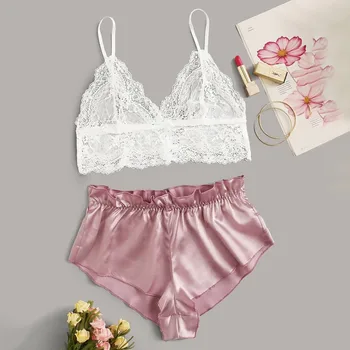 

New Women's Sexy Lace Underwear Deep V Sling Lingerie Set G-string Bra Satin Silk Panty Sets Sexy Women Lingerie Babydoll 2020