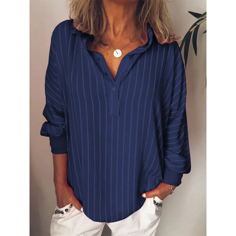 

Fashion summer Woman blouses stripe Loose Casual Striped Button Lapel girl Long Sleeve Shirt Top Blouse button female clothing