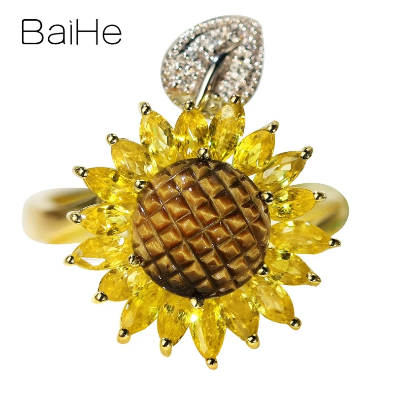 BAIHE Solid 14 K, белое+ желтое золото, сертифицированное натуральными бриллиантами+ тигровый глаз+ желтые свадебные женские модные ювелирные изделия, подарочное кольцо с цветами