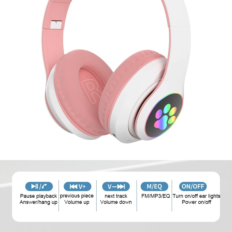 Wireless Bluetooth Headphone with Mic Head Mounted Cute Cat LED Light Earphone Stereo Bass Music Headset for Kid Girl Gift