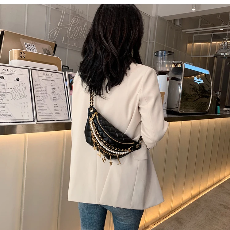 Small Bag Women New Fashion Korean Versatile Messenger Bag Pearl Chain Waist Bag Gold Letter Tassel Chest Bag Nightclub Bag