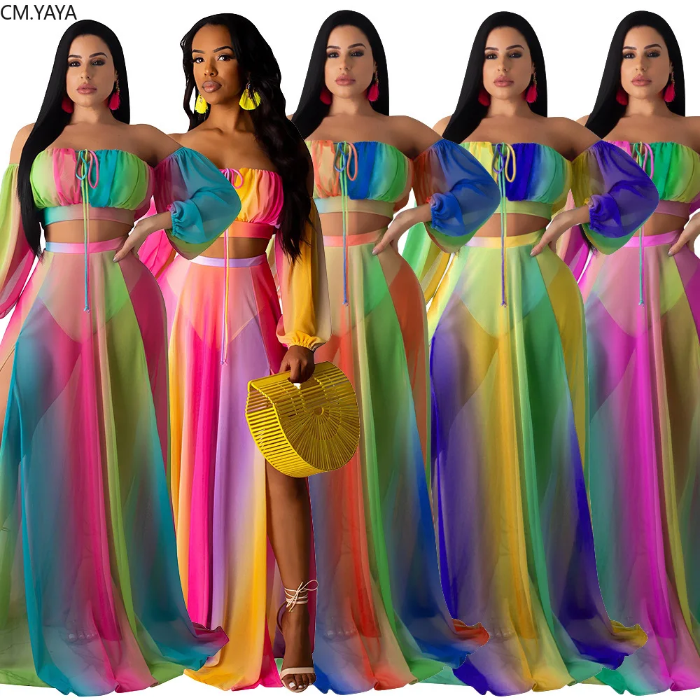 

2019 Women Gradient tie-dye print Strapless top Mesh bodycon open long maxi skirt suit 3 piece set sexy Beach tracksuit GL597