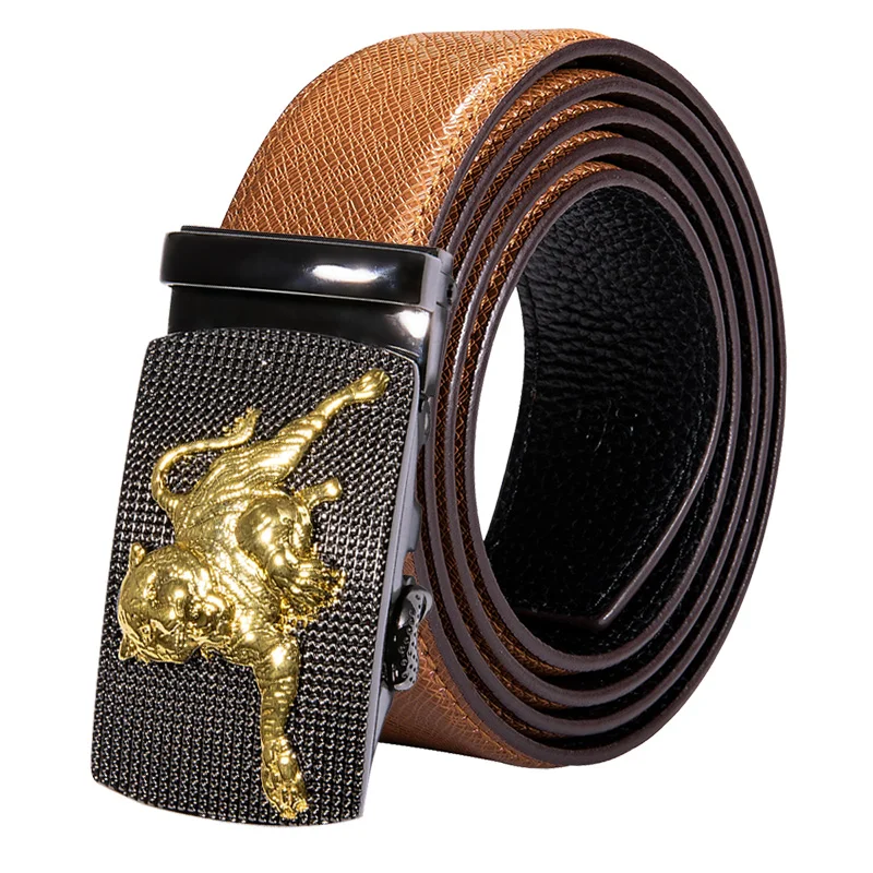 

Hi-Tie New Fashion Designer Belts for Men Metal Buckle RAtchet Brown Yellow Genuine Leather Waist Belt men 130cm