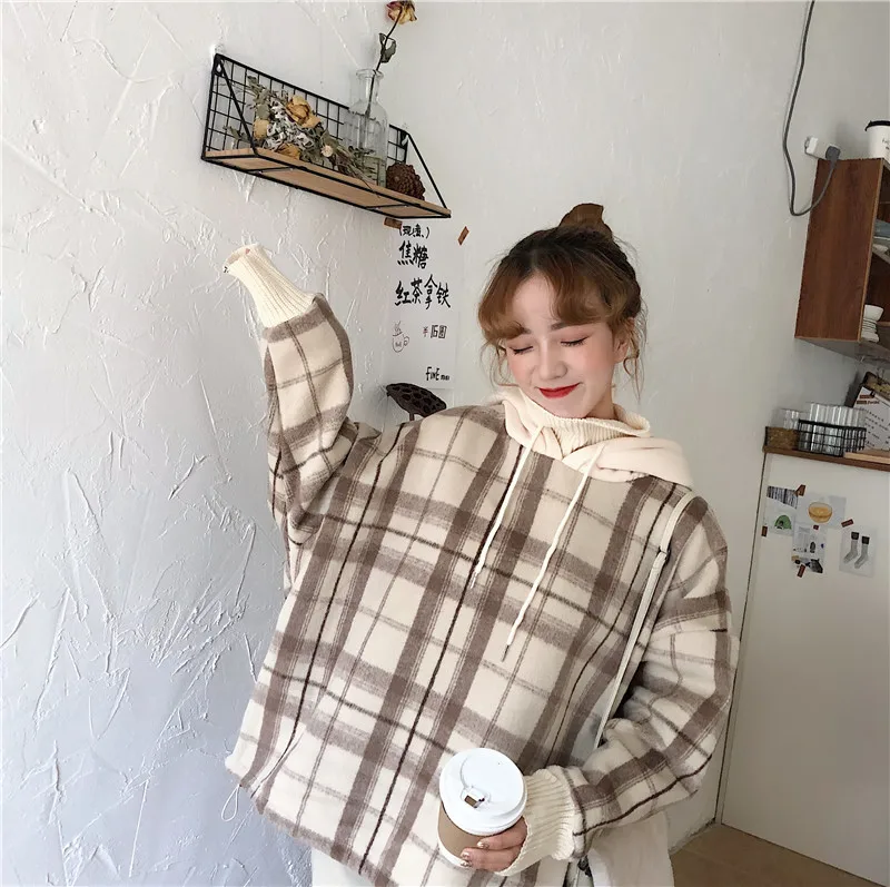 Зимняя новая корейская мода ulzzang свободная клетчатая голова с высоким воротником толстовка с капюшоном шикарная Harajuku Японская Повседневная Женская толстовка