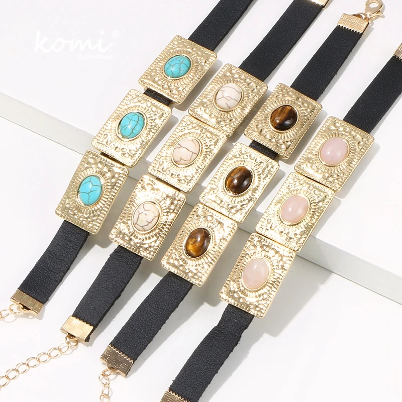 Коми винтажный этнический стиль белый розовый бирюзовый камень тигровый глаз Инкрустированный кожаный браслет из сплава браслет G0431
