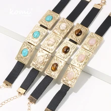 Коми винтажный этнический стиль белый розовый бирюзовый камень тигровый глаз Инкрустированный кожаный браслет из сплава браслет G0431